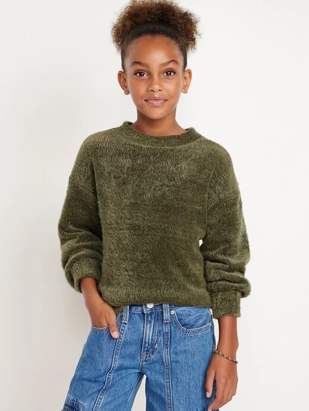 New Old Navy Girls Cozy Mock-Neck Chenille Sweater Olive Green Large